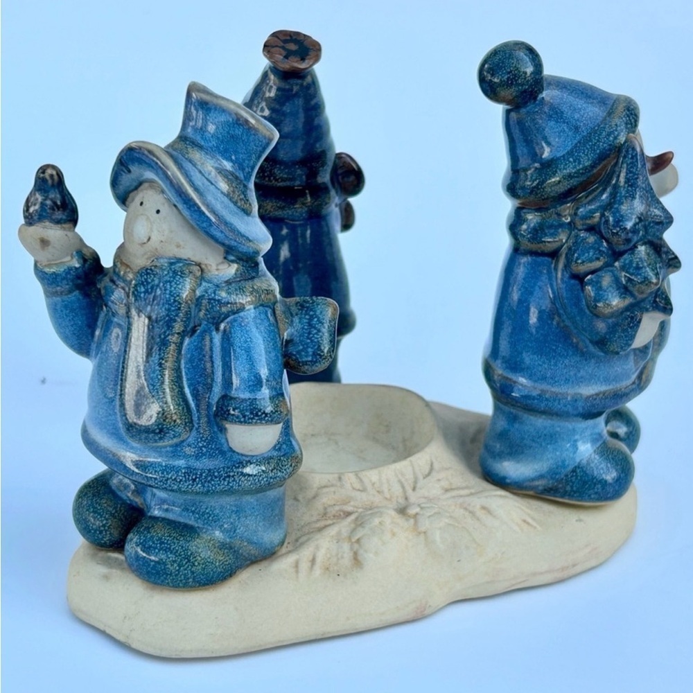Vintage Christmas Decor Accents Blue Stoneware Snowman Candle Holder Festive Art - Picture 13 of 15